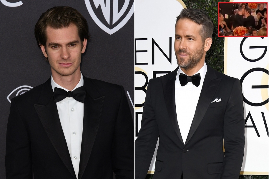Beso Ryan Reynolds ('Deadpool') y Andrew Garfield ('Spider-Man') en Globos  de Oro